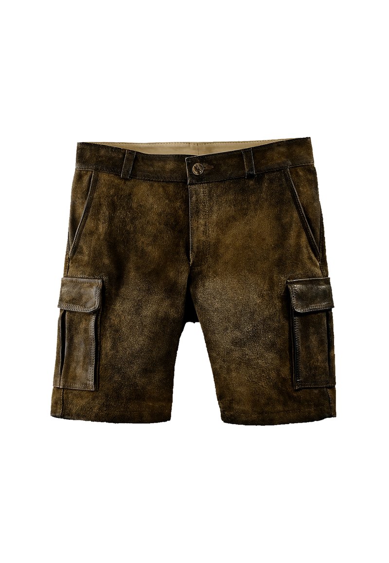 Braune Wildledershorts mit zwei seitlichen Taschen, strukturiertem Oberflächenmaterial und kontrastierenden Nähten. Verfügt über einen Knopfverschluss und Gürtelschlaufen.