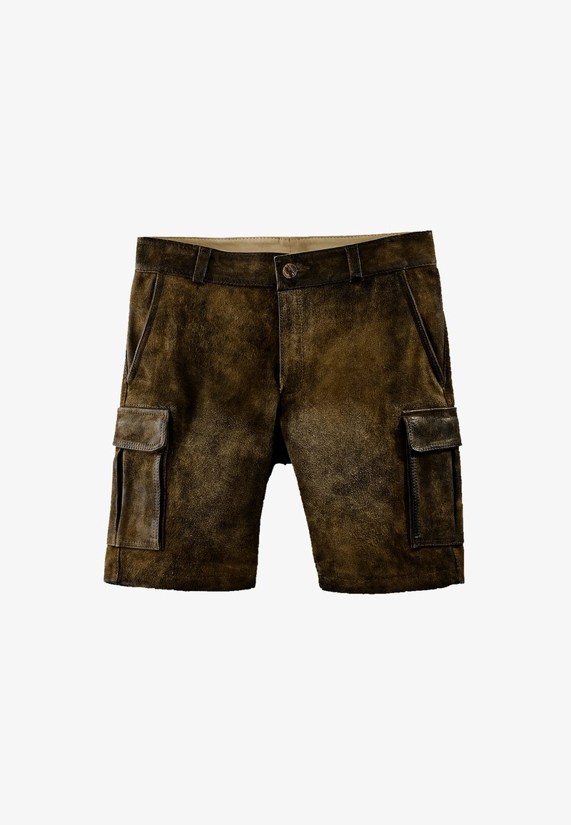 Hnědé semišové cargo šortky s dvěma postranními kapsami, texturovaným povrchem a kontrastním šitím. Disponují zapínáním na knoflík a poutky na opasek.