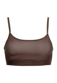 Bruine naadloze bralette met verstelbare bandjes, een ronde halslijn en een merkband van elastiek aan de onderkant. Soepele, rekbare stof.