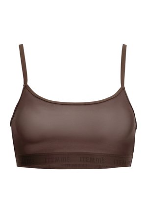 Bralette marrone senza cuciture con spalline regolabili, scollatura a barchetta e un elastico con marchio nella parte inferiore. Tessuto liscio e elastico.