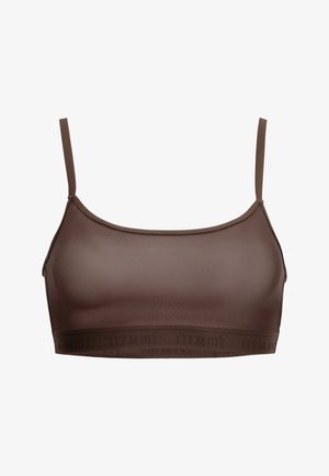 Bralette marrone senza cuciture con spalline regolabili, scollatura a barchetta e un elastico con marchio nella parte inferiore. Tessuto liscio e elastico.
