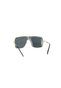 Occhiali da sole con montatura dorata e lenti grigie scure. Forma squadrata con un design minimal del ponte e aste blu. Finitura delle lenti riflettente.