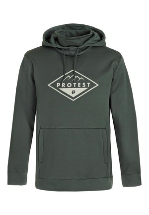 Donkergroene hoodie met een hoge nek, met een ruitvormig "PROTEST" logo en een bergafbeelding, een kangoeroezak en geribde manchetten.