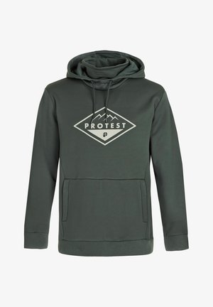 Donkergroene hoodie met een hoge nek, met een ruitvormig "PROTEST" logo en een bergafbeelding, een kangoeroezak en geribde manchetten.