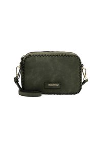 Borsa a tracolla verde in ecopelle con dettagli di cucitura a contrasto, chiusura con zip, tracolla rimovibile e placca con logo in metallo.