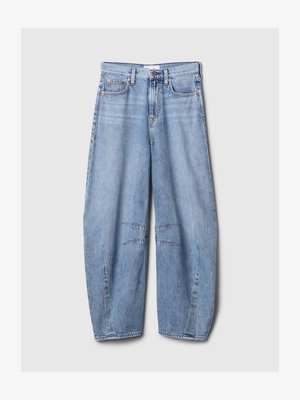 Light blue denim jeans featuring a relaxed fit, straight legs, visible stitching, and two front pockets.