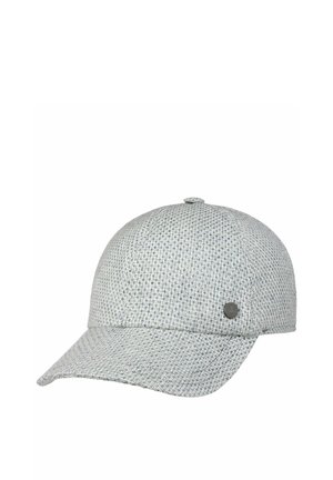 Light grey textured baseball cap with curved brim and small round metal button on the front left side, plain white background.