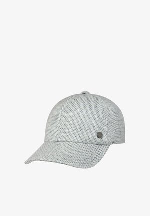 Light grey textured baseball cap with curved brim and small round metal button on the front left side, plain white background.