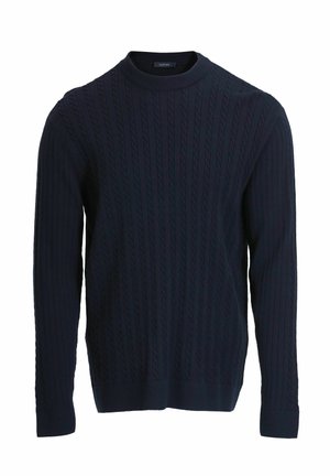 Navy blue pullover sweater with a textured cable knit pattern. Features a round neckline and long sleeves with ribbed cuffs and hem.