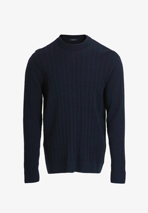 Marineblauwe pullover trui met een textuur van kabelbreipatroon. Voorzien van een ronde halslijn en lange mouwen met geribde boorden en zoom.
