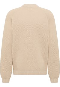 Beige gestrickter Pullover mit strukturiertem Muster, geripptem Rundhalsausschnitt und Bündchen. Verfügt über lange Ärmel und ein entspanntes, lockeres Design.