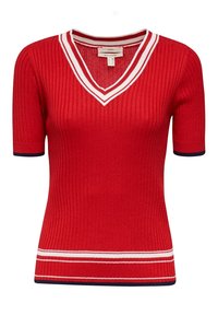 Suéter corto de manga corta de rayas rojas con escote en V, con rayas blancas y azules marino en el cuello y el dobladillo, hecho de material reciclado.