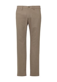 Beige, gewebte Hose mit geradem Bein, ausgestattet mit einem Knopfverschluss und Gürtelschlaufen. Der Stoff hat ein strukturiertes Erscheinungsbild.