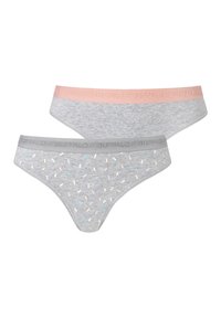 Zwei Paar Damen-Tangas; ein graues mit bunten Spritzern, das andere ein einfarbiges Grau mit einem pinken elastischen Taillenbund, der mit "BUFFALO" beschriftet ist.