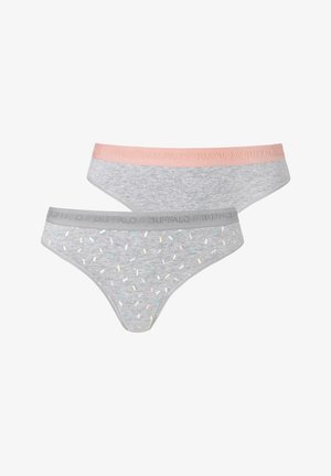 Zwei Paar Damen-Tangas; ein graues mit bunten Spritzern, das andere ein einfarbiges Grau mit einem pinken elastischen Taillenbund, der mit "BUFFALO" beschriftet ist.