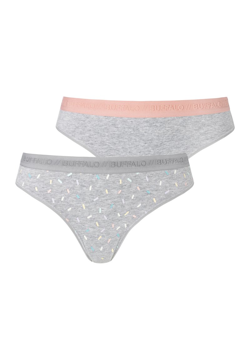 Zwei Paar Damen-Tangas; ein graues mit bunten Spritzern, das andere ein einfarbiges Grau mit einem pinken elastischen Taillenbund, der mit "BUFFALO" beschriftet ist.