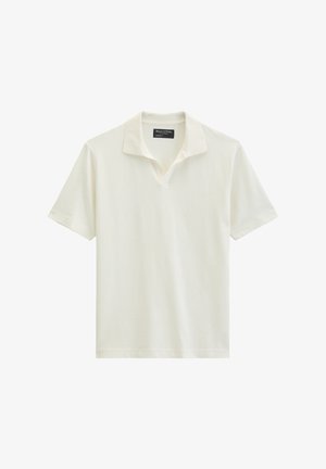 Tricou polo cu mânecă scurtă, culoare alb-crem, cu guler deschis și țesătură moale, așezat plat pe un fundal alb.