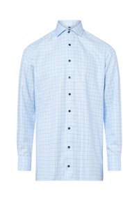 Himmelblaues Langarmhemd mit Karomuster, mit Button-Down-Kragen und kontrastierenden dunklen Knöpfen, aus einem glatten Stoff gefertigt.