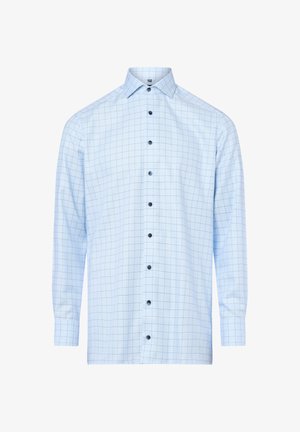 Himmelblaues Langarmhemd mit Karomuster, mit Button-Down-Kragen und kontrastierenden dunklen Knöpfen, aus einem glatten Stoff gefertigt.