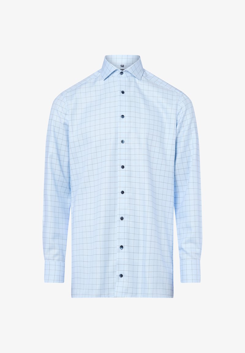 Himmelblaues Langarmhemd mit Karomuster, mit Button-Down-Kragen und kontrastierenden dunklen Knöpfen, aus einem glatten Stoff gefertigt.