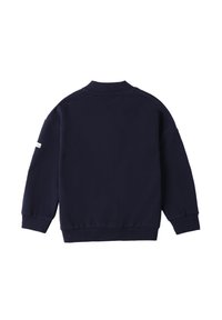 Marineblaue Sweatshirt mit strukturiertem Finish, gerippten Bündchen und Saum sowie hohem Kragen. Verfügt über ein kleines weißes Etikett an der Ärmel.
