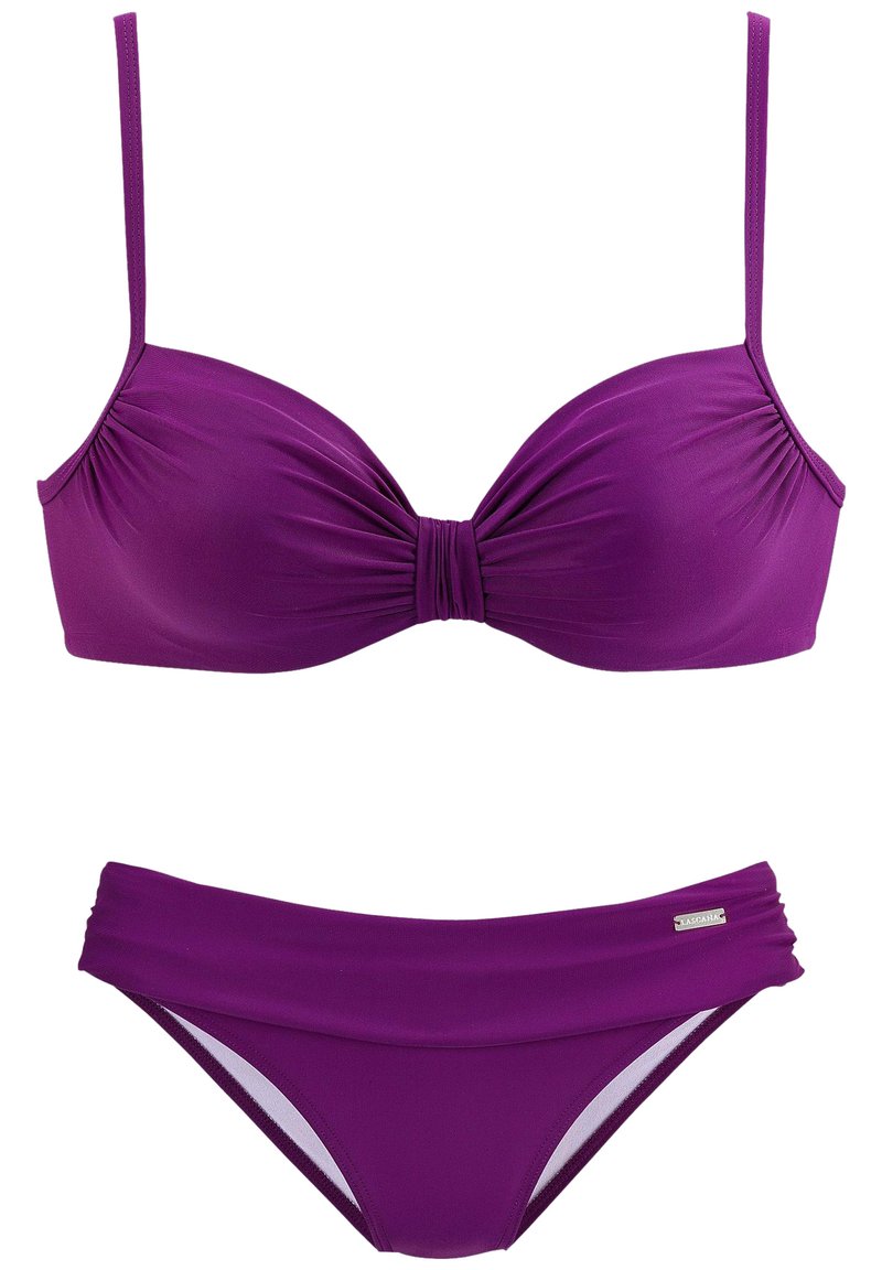 Fioletowy zestaw bikini z marszczonym topem push-up na cienkich ramiączkach oraz regulowanym dołem z gładkim pasem w talii i kontrastową podszewką.