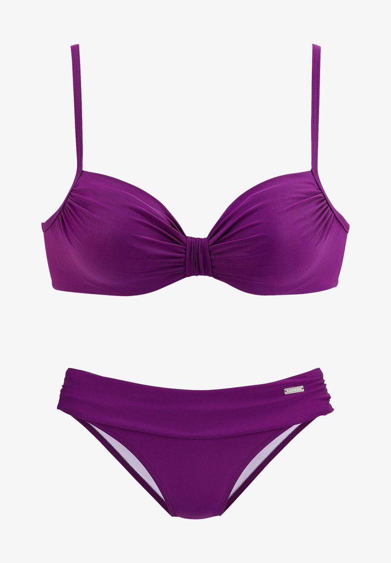 Ensemble de bikini violet comprenant un haut push-up froncé avec des fines bretelles et un bas réglable avec une ceinture lisse et une doublure intérieure contrastée.