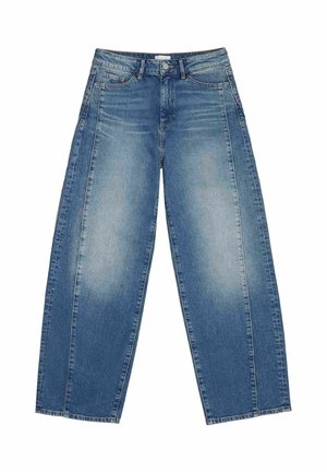 Blue high-waist wide-leg jeans with front pockets, belt loops, button closure, and faded wash details on thighs and knees.