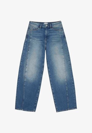 Blue high-waist wide-leg jeans with front pockets, belt loops, button closure, and faded wash details on thighs and knees.