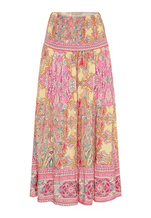 Lang, strømpefyldt nederdel med smocket talje. Har et lyst paisley-mønster i pink, gul og teal. Blødt stof med et lagdelt tekstur.