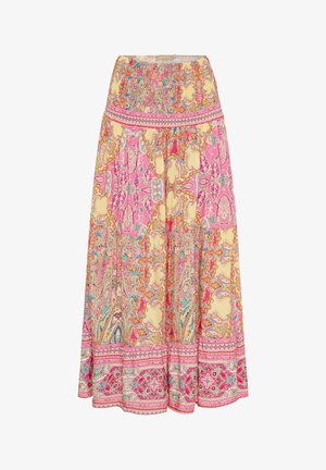 Lang, strømpefyldt nederdel med smocket talje. Har et lyst paisley-mønster i pink, gul og teal. Blødt stof med et lagdelt tekstur.