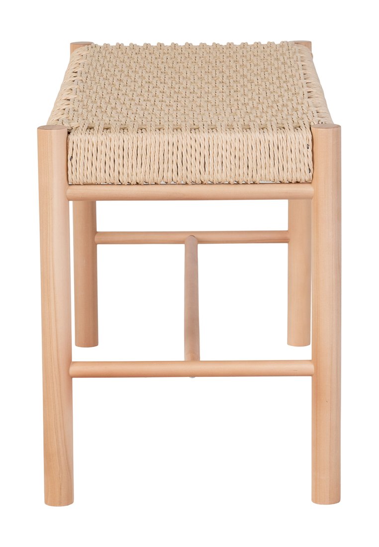Natürlicher Holzschemel mit einem gewebten beige Sitz. Verfügt über runde Beine und einen stabilen rechteckigen Rahmen. Leichtes Design für einfache Handhabung.