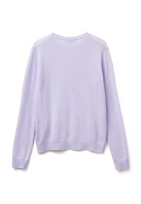 Maglione lilla, misto cotone, collo rotondo, polsini e orlo a coste, texture morbida, design semplice, senza motivi visibili o dettagli in metallo.