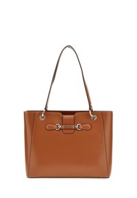 Borsa tote in similpelle marrone con minuteria argentata, doppi manici e un dettaglio di chiusura decorativo. Texture liscia e forma strutturata.