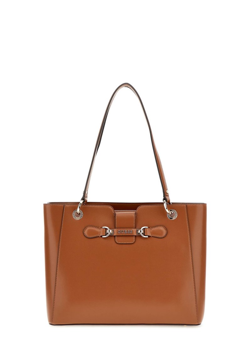 Borsa tote in similpelle marrone con minuteria argentata, doppi manici e un dettaglio di chiusura decorativo. Texture liscia e forma strutturata.