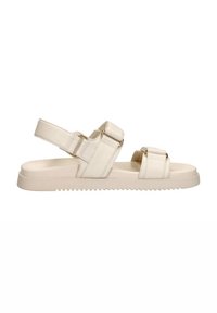 Beige Sandalen mit zwei verstellbaren Riemen, weichem Material und einer strukturierten Gummisohle mit Rillen. Minimalistisches Design mit neutralen Akzenten.