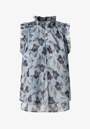 Blomstrete bluse med en lyseblå bakgrunn og mørkeblå og oransje blomster. Har en rynket utringning og knapplukking.