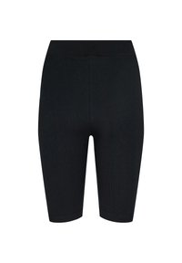 Shorts de cyclisme noirs à côtes avec une taille élastique, longueur genou, et une texture lisse. Pas d'accents ou de motifs supplémentaires.