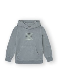 Sudadera de manga larga azul claro con bolsillo delantero y gráfico que presenta esquís cruzados, montañas y el texto "CNDH 1953" en el pecho.