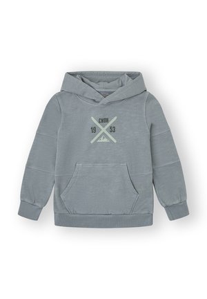 Sudadera de manga larga azul claro con bolsillo delantero y gráfico que presenta esquís cruzados, montañas y el texto "CNDH 1953" en el pecho.