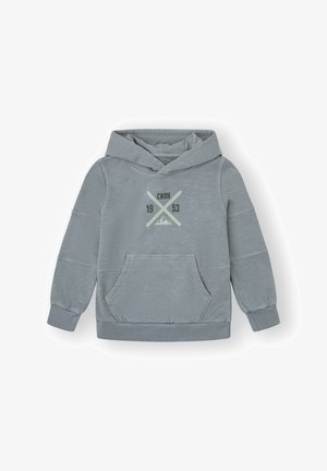 Sudadera de manga larga azul claro con bolsillo delantero y gráfico que presenta esquís cruzados, montañas y el texto "CNDH 1953" en el pecho.