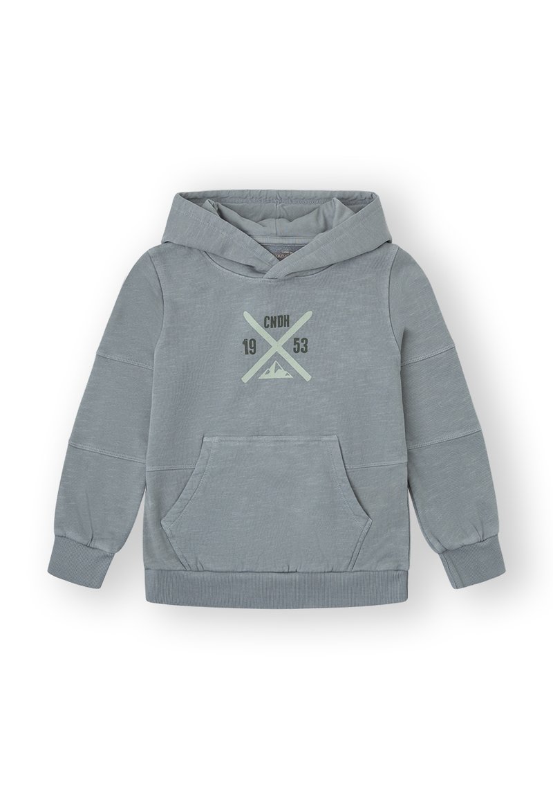 Sudadera de manga larga azul claro con bolsillo delantero y gráfico que presenta esquís cruzados, montañas y el texto "CNDH 1953" en el pecho.
