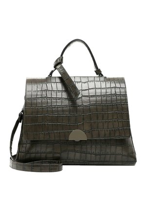 Dark green crocodile-patterned leather handbag with top handle, front flap, metal clasp, and detachable shoulder strap.