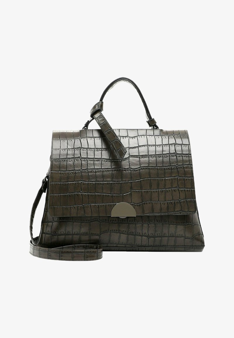 Sac à main en cuir vert foncé à motif crocodile, avec poignée supérieure, rabat avant, fermoir métallique et bandoulière amovible.