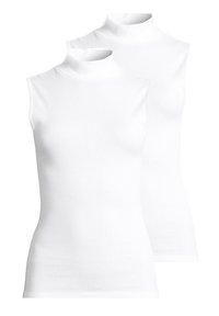 Haut sans manches ajusté en turtleneck blanc fabriqué à partir d'un tissu en mélange de coton doux, avec un col haut et une texture lisse.