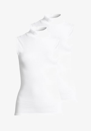 Fitted white sleeveless turtleneck tops made from soft cotton blend fabric, featuring a high neck and smooth texture.