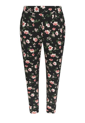 Pantaloni neri a gamba affusolata con stampa floreale rosa e bianca su tutta la superficie, con foglie verdi, e vita elasticizzata.