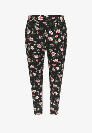 Pantaloni neri a gamba affusolata con stampa floreale rosa e bianca su tutta la superficie, con foglie verdi, e vita elasticizzata.