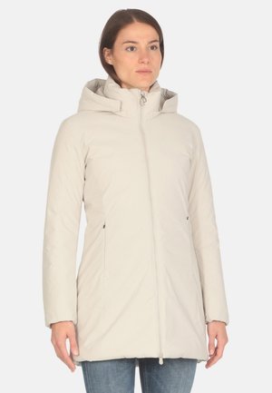 Giacca isolante grigio chiaro con cappuccio, zip a tutta lunghezza e tasche laterali. Design elegante con una texture matte liscia.