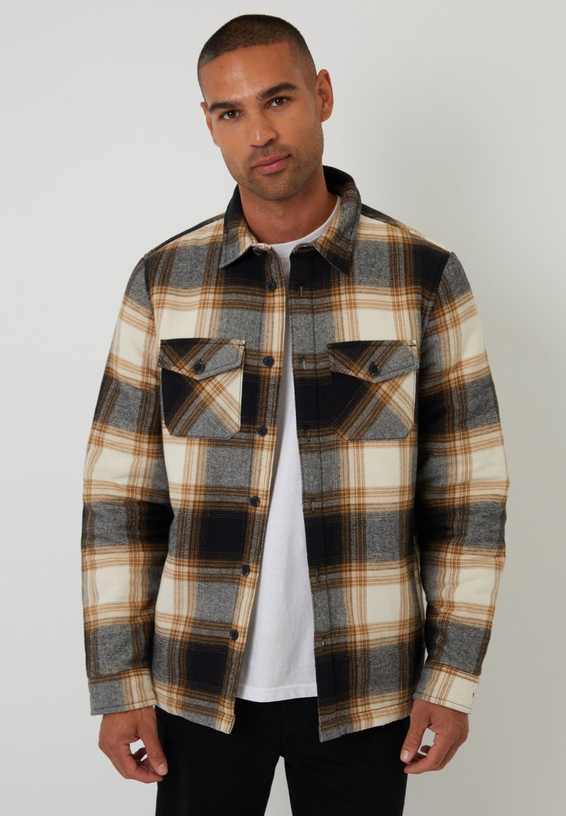 Karierter Flanell-Hemd in Beige, Grau und Marineblau mit braunen Akzenten. Besitzt zwei Brusttaschen und eine Knopfverschluss vorne. Weicher Stoff.